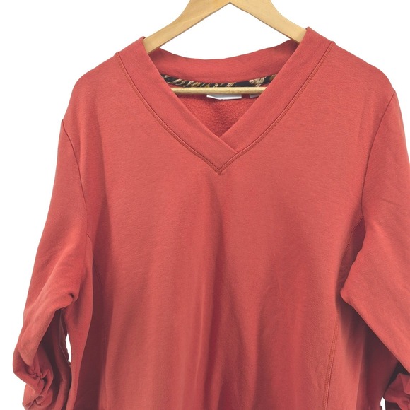 Susan Graver Orange V Neck Ruched Sleeve Sweatshirt Tunic Top Sz 2X Cozy Lounge - Picture 2 of 11